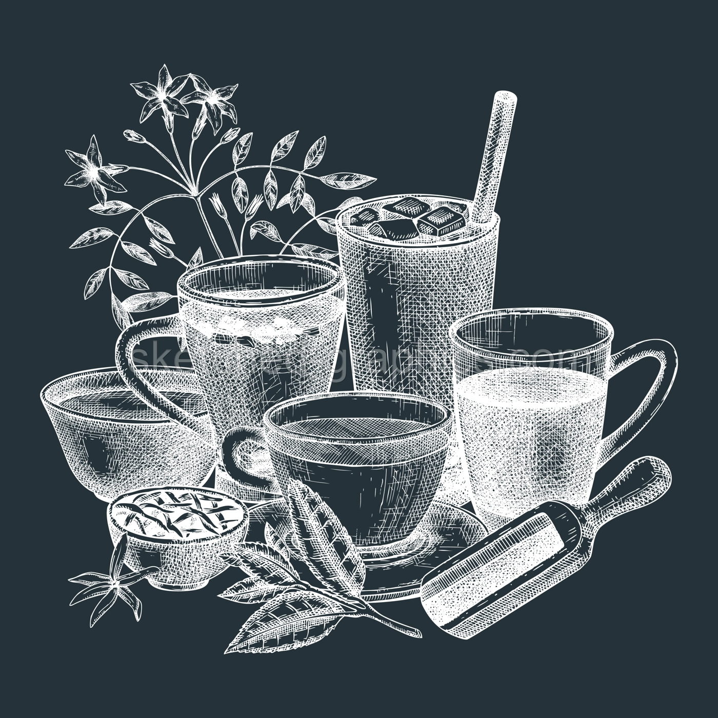 Hand-sketched  tea drinks illustration on chalkboard. Vector sketches of hot beverage cups, dried leaves, jasmine blossoms. Popular tea drawings for card or invitation or cafe menu design Illustration